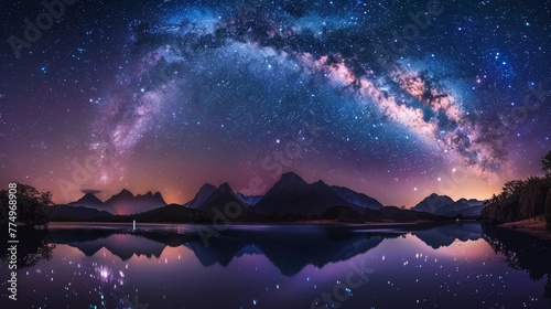 A panoramic photograph capturing the awe-inspiring beauty of a starry sky above a rugged mountain range. The Milky Way arches majestically overhead, its bright core illuminating the scene.