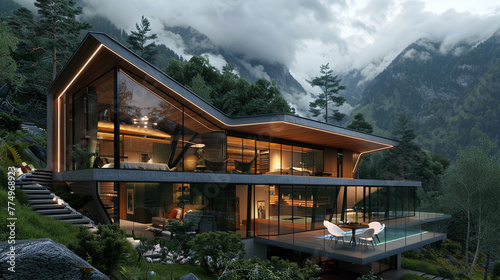 The stunning exterior of a modern villa, situated in the heart of the mountains, features expansive glass architecture, 
