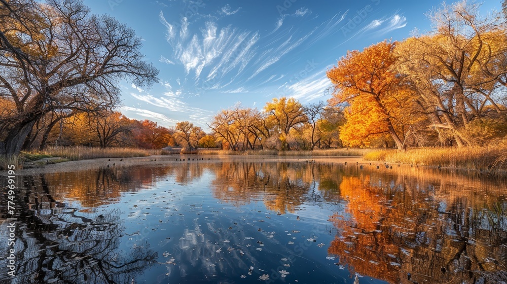 The serene view of a lake in autumn, surrounded by trees whose leaves change color, the reflection of the sky and trees on the surface of the water adds to the natural beauty.