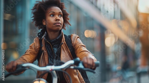 Urban Cyclist's Journey, young woman cycles through the city, her expression focused and reflective of an active, urban lifestyle
