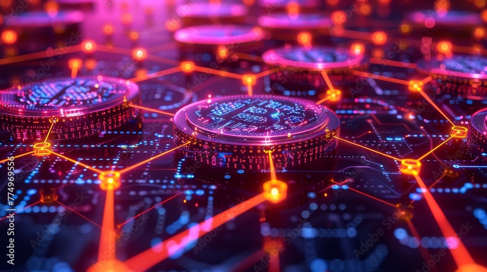 An illustrative image featuring a Bitcoin coin with a glowing neon effect placed on a digital circuit background, representing blockchain technology and cryptocurrencies.
