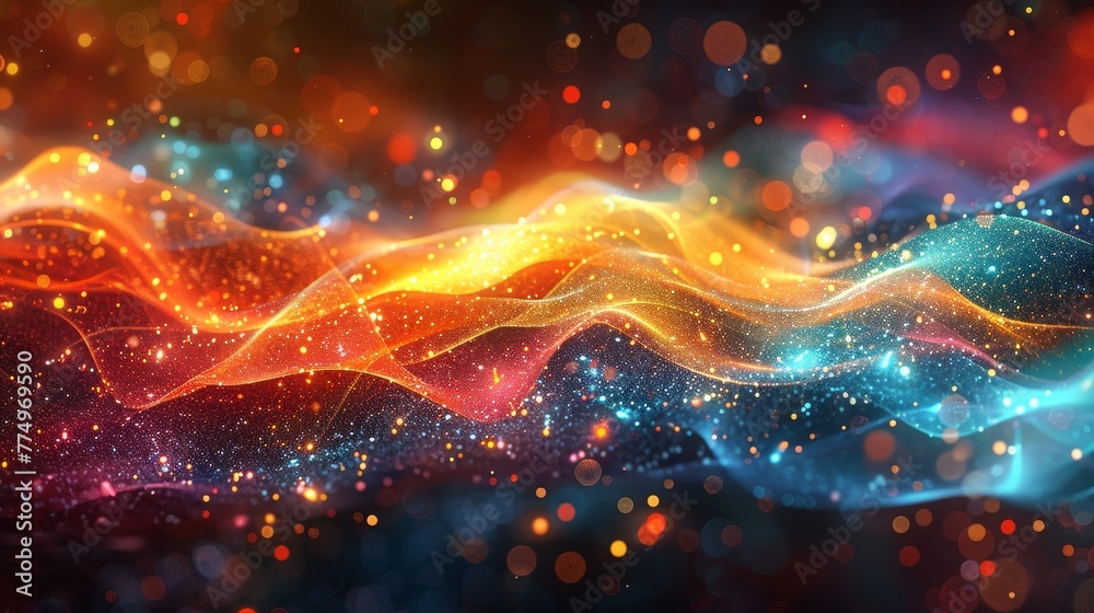 Fototapeta premium Illustration of energy waves moving in dazzling colors through digital space, creating a dynamic and vibrant visual effect.
