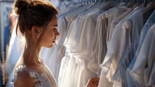 Bridal Dress Selection, bride in a lace gown is lost in thought while choosing the perfect wedding dress, embodying anticipation and dreams