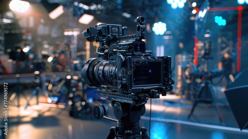 Studio Camera Ready for Action  professional film camera on a tripod  set against the backdrop of a bustling studio  captures the behind-the-scenes anticipation of a production