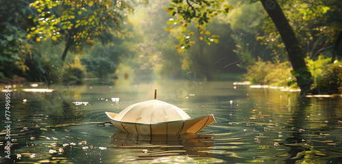 An umbrella floats downstream in a tranquil river setting. photo