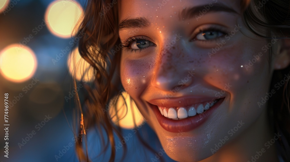 Twilight Joy Portrait, woman's close-up, her face speckled with light and shadows, her smile reflecting the carefree bliss of golden hour Twilight Joy Portrait, woman's close-up, her face speckled with light and shadows, her smile reflecting the carefree bliss of golden hour