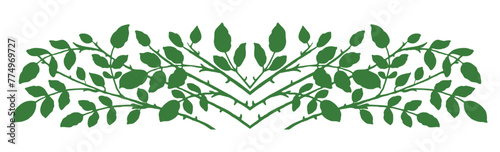 Branches, green leaves, silhouette, border decorative, symmetry, vector illustration isolated on white