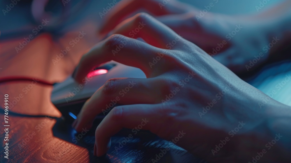 Late Night Gaming Session,  close-up view of a gamer's hands engaging with a mouse and keyboard, illuminated by the ambient glow of computer screens
