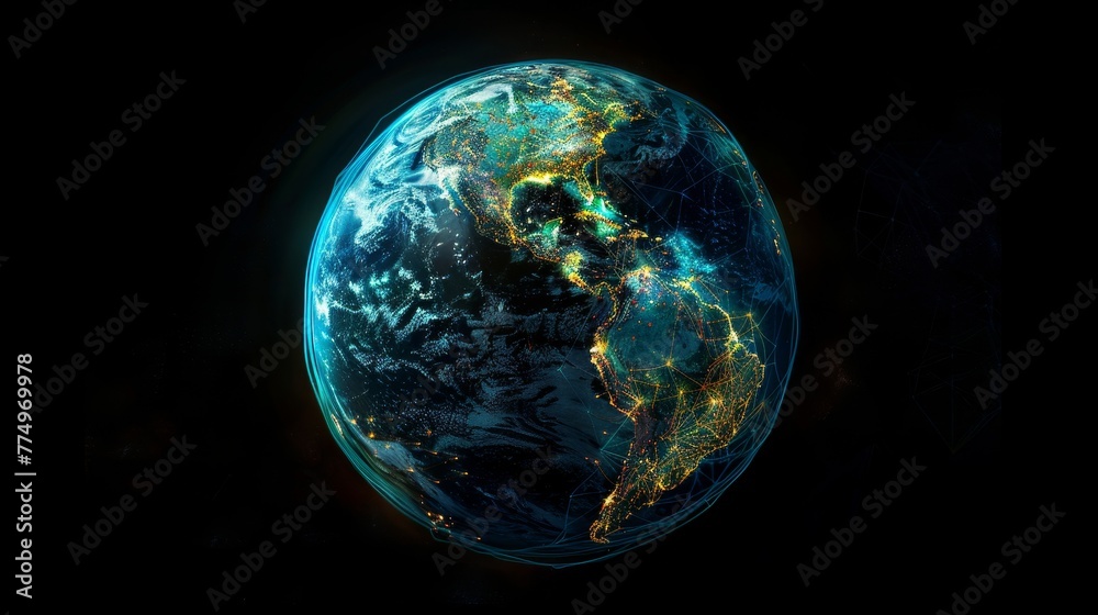 Graphic representation of the Earth illuminated with digital network connections, showing global interconnection and the digital information age in which we live. Graphic representation of the Earth illuminated with digital network connections, showing global interconnection and the digital information age in which we live.