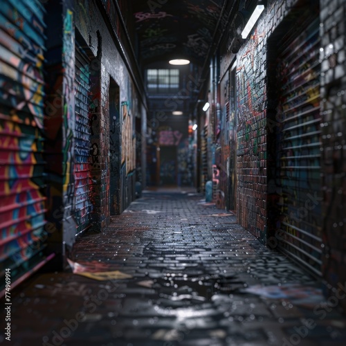 Graffiti Alley After Rain, allure of urban art, a graffiti-filled alley under the soft glow of dusk, wet cobblestones reflecting the vibrant colors