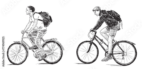 Cyclists riding bike, two young men, casual active sports city dweller, profile, sketch, vector hand drawing isolated on white