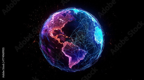 Graphic representation of the Earth illuminated with digital network connections, showing global interconnection and the digital information age in which we live.