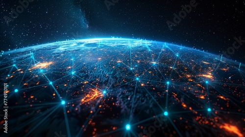 A 3D render of the Earth from space, with a network of glowing data paths crisscrossing continents, symbolizing worldwide internet connections.