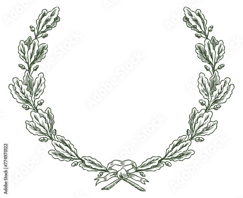 Oak wreath, branches, ribbon, award,symbol, vector hand drawing isolated on white