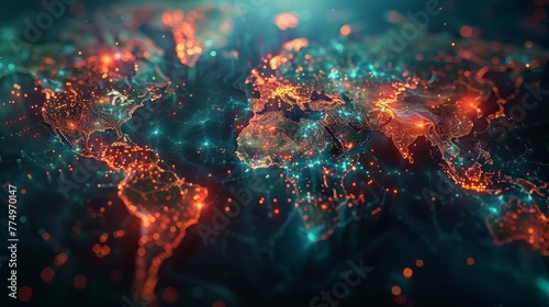 Futuristic visualization of a global network with points of light and data streams depicting intense communication and information exchange around the world © Riz