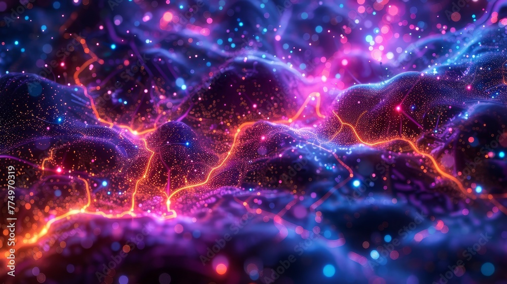 Dynamic abstract of digital data flow, with glowing lines and particles ...