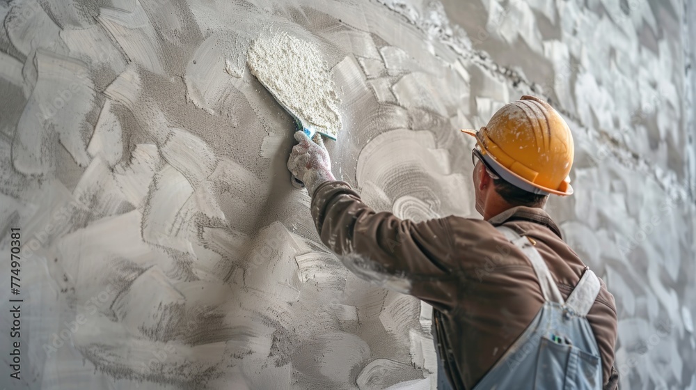 Worker, builder, molarist, plasterer performs his work wearing a helmet. Construction profession, work on the construction of buildings and structures.
