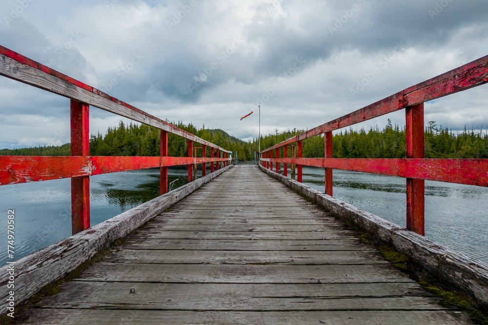 Wooden boardwalk on the lake