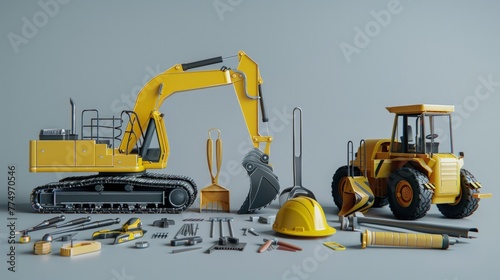 Construction machinery, machines, equipment. Background, concept with tractor, bulldozer, excavator for advertising of construction, repair, construction firms.