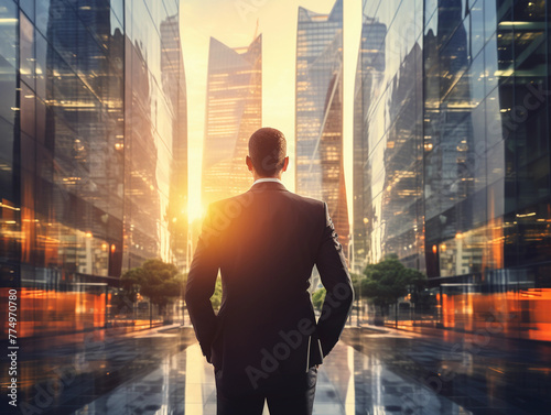 back of businessman in suit with business office glass modern buildings background for economic market stock investment, financial freedom portfolio or company profit and strategy growth IPO banner  photo