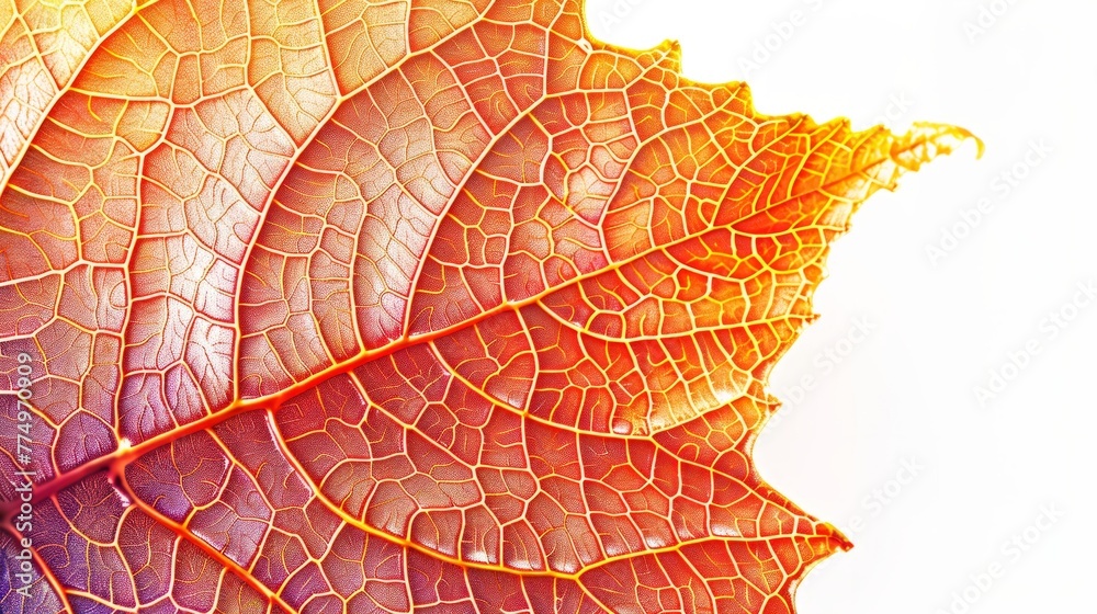 Fototapeta premium Detailed fractal pattern emulating a leafs vein structure painted in vivid autumnal colors isolated on a white background