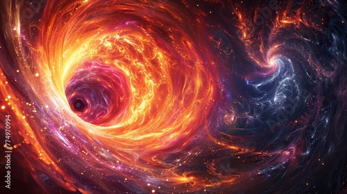 A dazzling abstract with a spiral motif that imitates a galaxy, surrounded by streams of cosmic energy that provide insight into astronomical phenomena and the power of the universe.