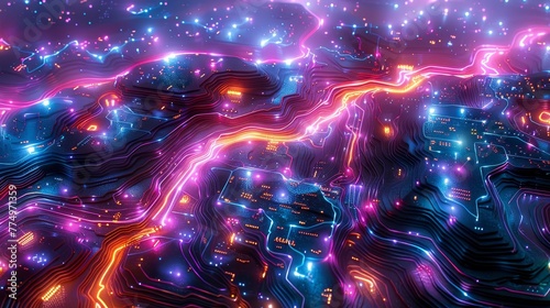 An ultra-detailed view of a circuit board, with electric currents flowing like neon rivers through the circuits, vividly colored in a spectrum of neon lights