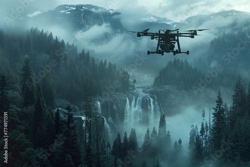 a drone flying over a waterfall photo