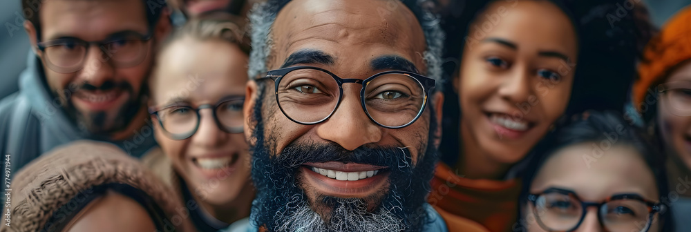 Diverse group of people wearing glasses and smiling at camera, one man with beard Diverse group of people wearing glasses and smiling at camera, one man with beard