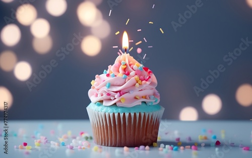 Birthday cupcake with candle on wooden table and bokeh background