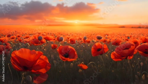 Field of poppies and sunset