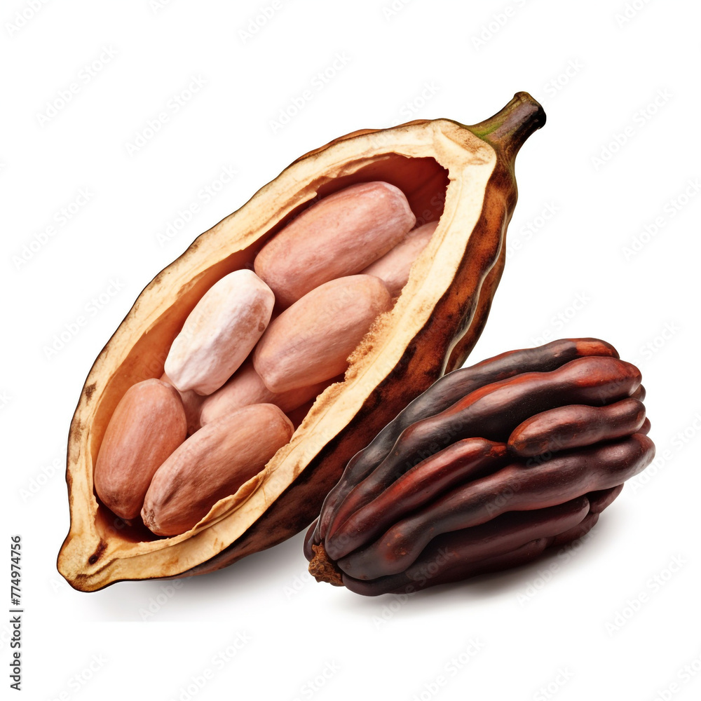 open cocoa fruit on isolated white background сreated with Generative Ai open cocoa fruit on isolated white background сreated with Generative Ai