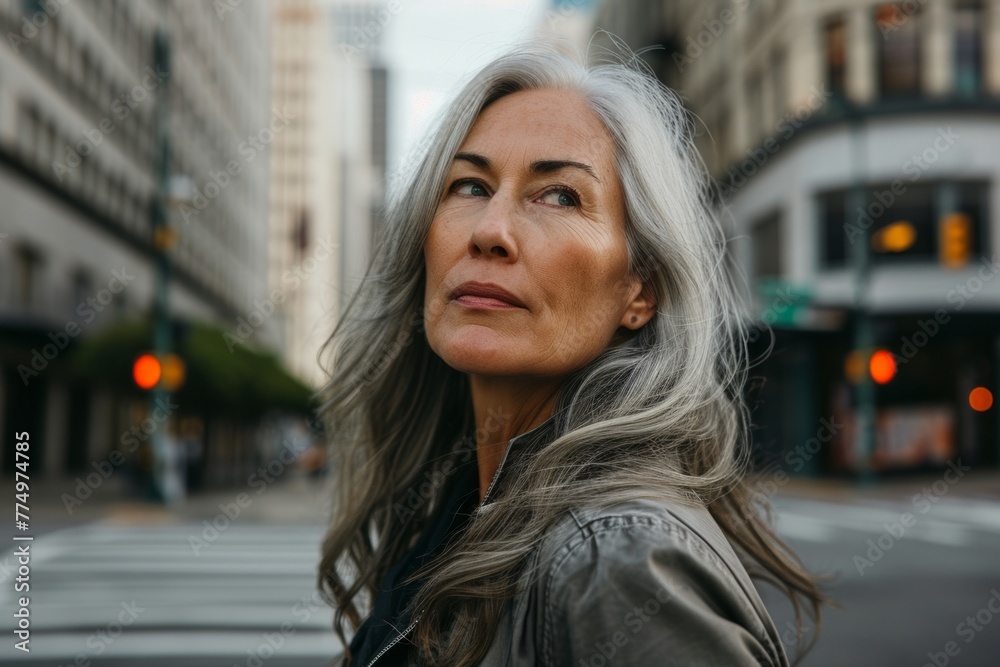 Portrait of a middle-aged woman with gray hair in a city street.