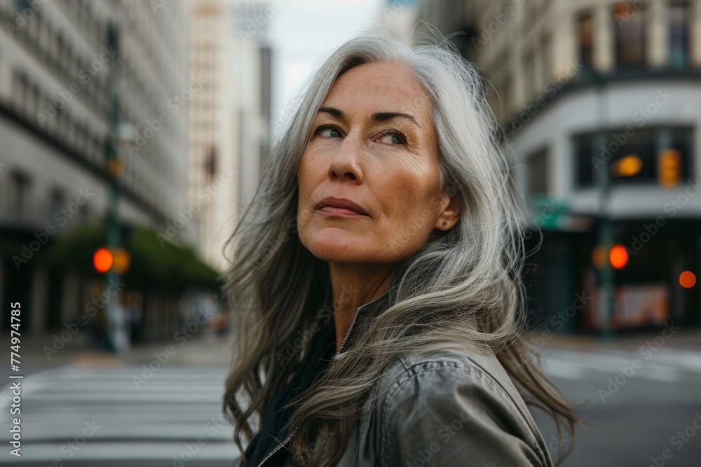 Portrait of a middle-aged woman with gray hair in a city street. Portrait of a middle-aged woman with gray hair in a city street.