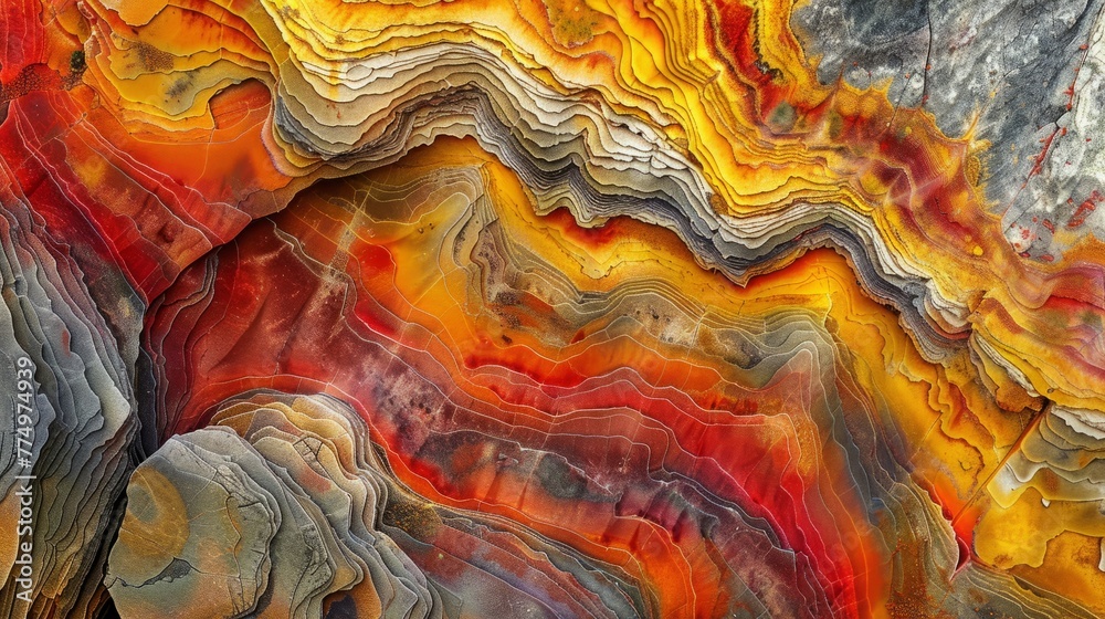 Psychedelic patterns of bright yellow red and orange hues dancing across the surface of a natural rock formation