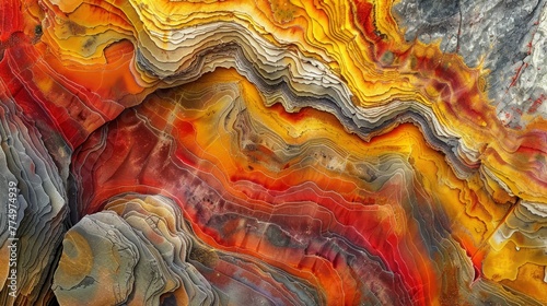 Psychedelic patterns of bright yellow red and orange hues dancing across the surface of a natural rock formation