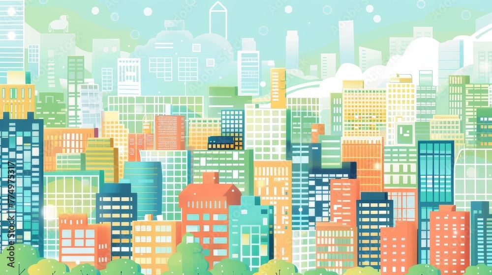 A lively cityscape with buildings pulsing with the i  AI generated illustration
