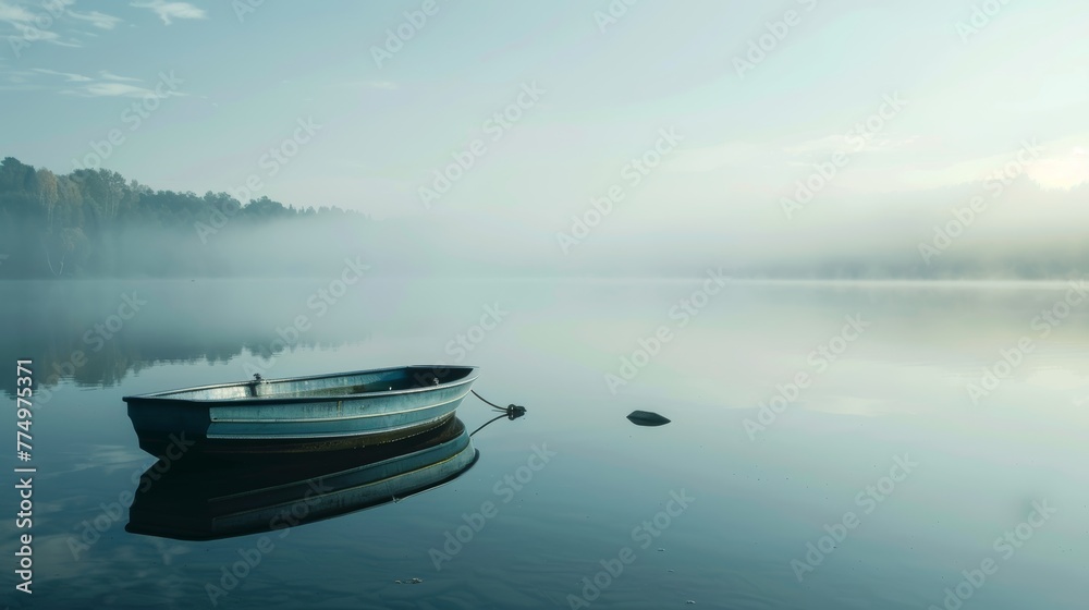 A lone fishing boat bobbing on  glassy lake  AI generated illustration
