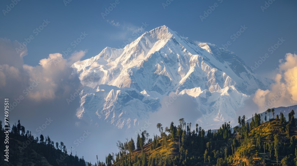 A majestic snow-capped peak reaching towards the hea AI generated illustration