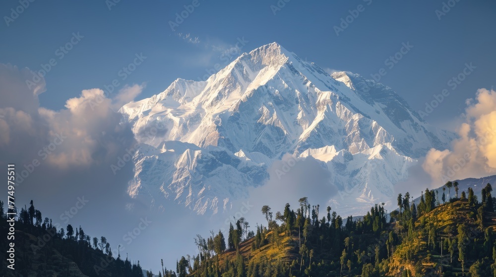 A majestic snow-capped peak reaching towards the hea AI generated illustration A majestic snow-capped peak reaching towards the hea AI generated illustration