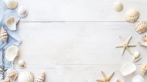 Seashells and starfish on a white wooden background, showcasing a variety of shapes and textures, evoking a beachy, coastal vibe.
