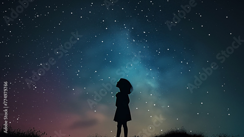 subtle dark night sky background with a small silhouette of young girl looking up