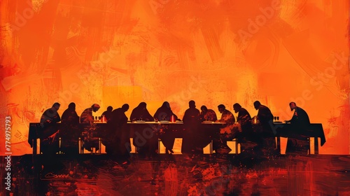 A minimalist portrayal of the Last Supper focusing o AI generated illustration photo