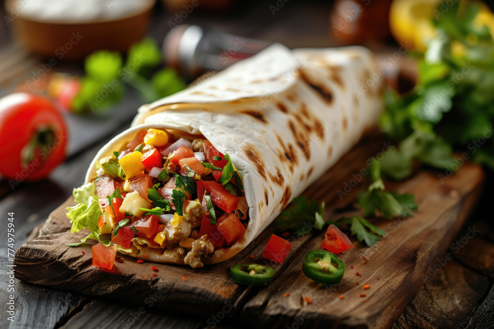 Mexican burrito with meat, vegetables and sauce Mexican burrito with meat, vegetables and sauce