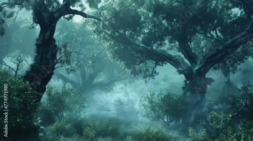 A mystical forest scene with mist swirling around th  AI generated illustration