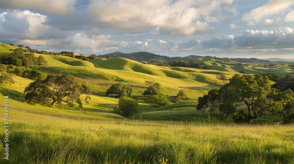 A peaceful countryside scene with rolling hills AI generated illustration