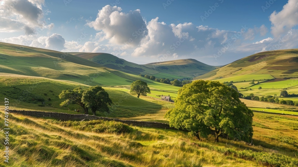 A peaceful countryside scene with rolling hills  AI generated illustration