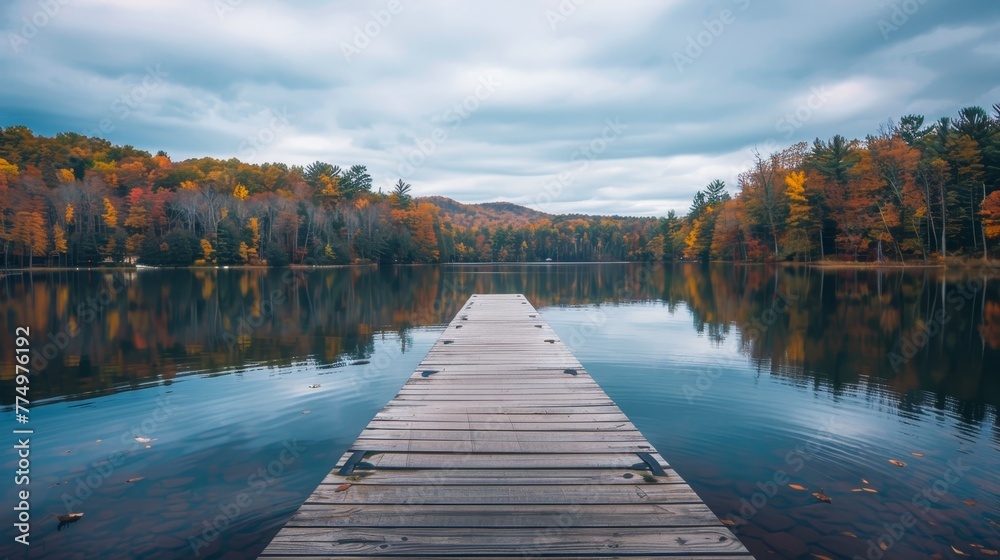 A peaceful lake with  dock stretching out into the   AI generated illustration