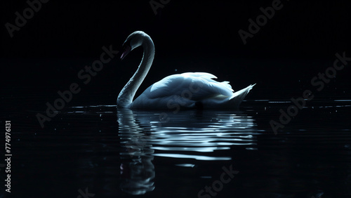 A Swan Floating in Complete Darkness photo