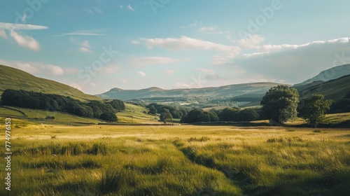 A peaceful countryside scene with rolling hills AI generated illustration